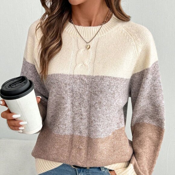 Apricot Casual Women's Loose Knit Pullover with Contrasting Cable Design - Picture 2 of 7